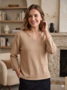 Vintage Evan Picone Tan V Neck Long Sleeve Sweater Large